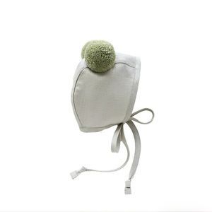 Briar Baby Matcha Double Pom Pom Bonnet Hat Linen Silk Lined NEW 12-18 mo NWT